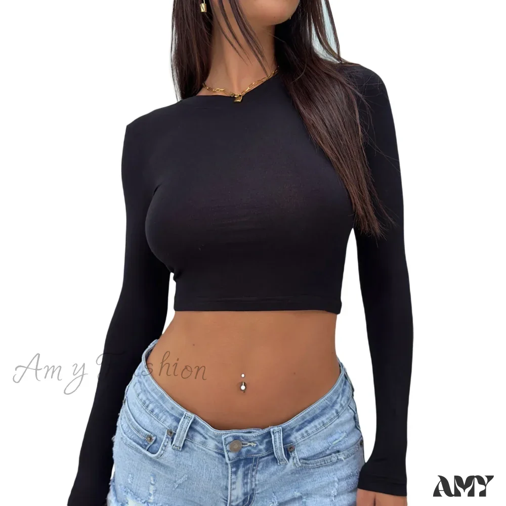 Round Neck Basic Long Sleeve Slim Fit Breathable Summer Streetwear Crop Top - Image 7