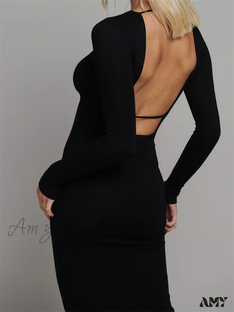 Amy Fashion - Round Neck Hollow Out  Party Clubwear for Women Backless  Sleeve Solid Color Slim Fit Vestidos - Image 3