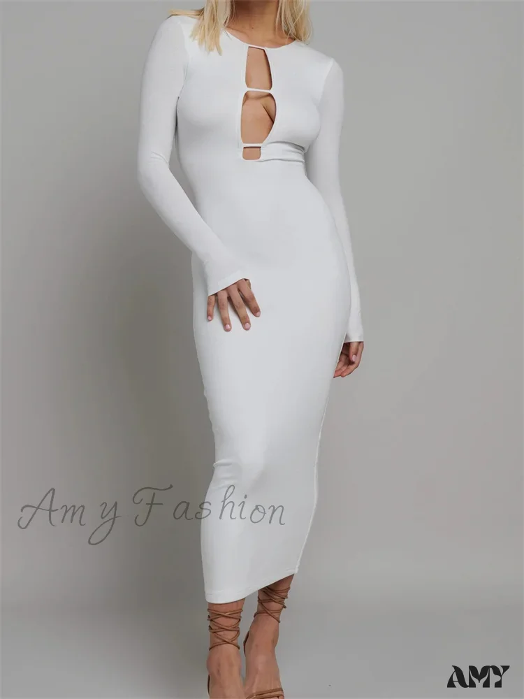 Amy Fashion - Round Neck Hollow Out  Party Clubwear for Women Backless  Sleeve Solid Color Slim Fit Vestidos - Image 4