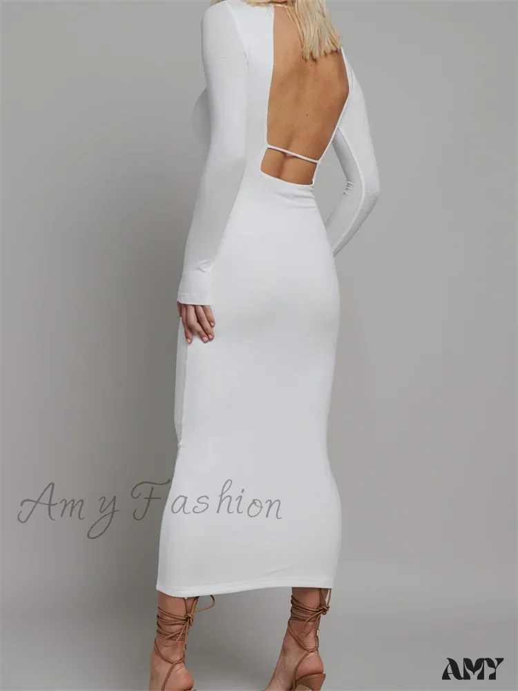 Amy Fashion - Round Neck Hollow Out  Party Clubwear for Women Backless  Sleeve Solid Color Slim Fit Vestidos - Image 5