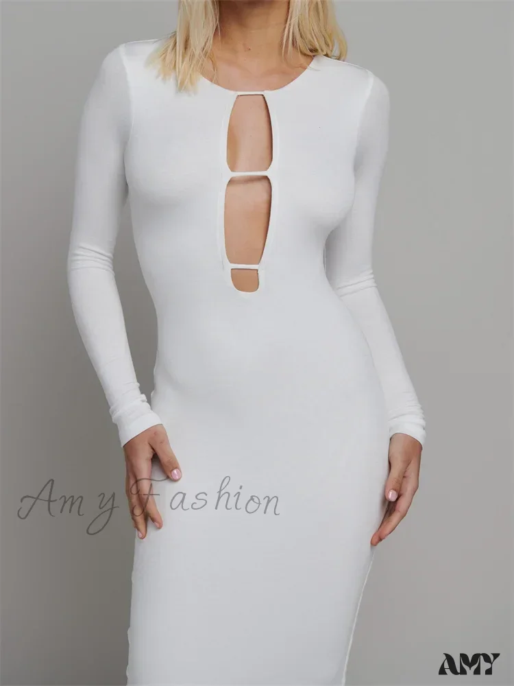 Amy Fashion - Round Neck Hollow Out  Party Clubwear for Women Backless  Sleeve Solid Color Slim Fit Vestidos - Image 6