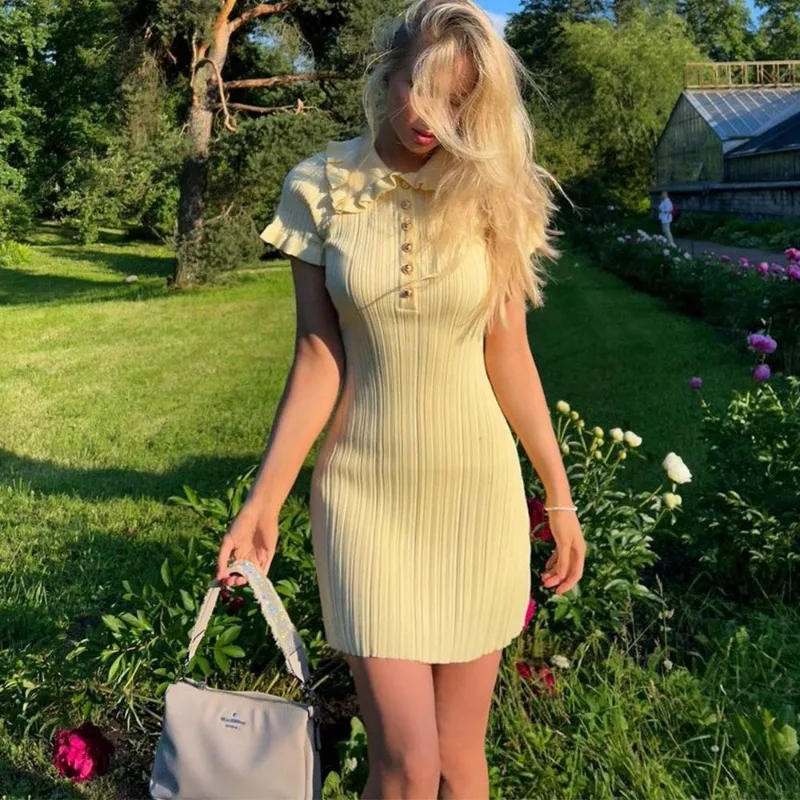 Ruffle Single Breasted Knitted Mini Dress - Image 2