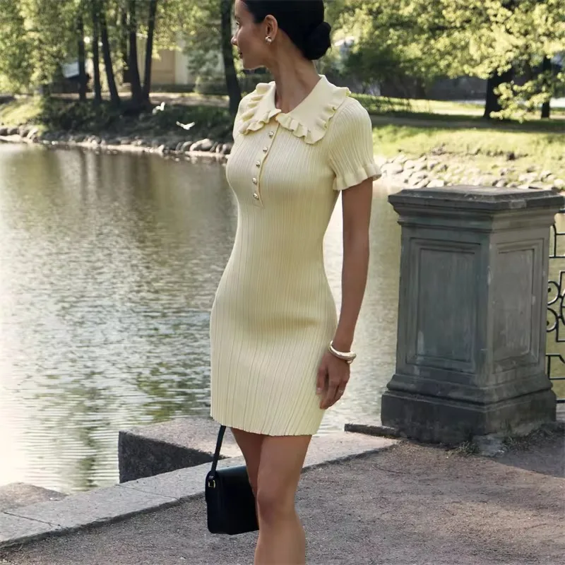 Ruffle Single Breasted Knitted Mini Dress - Image 4