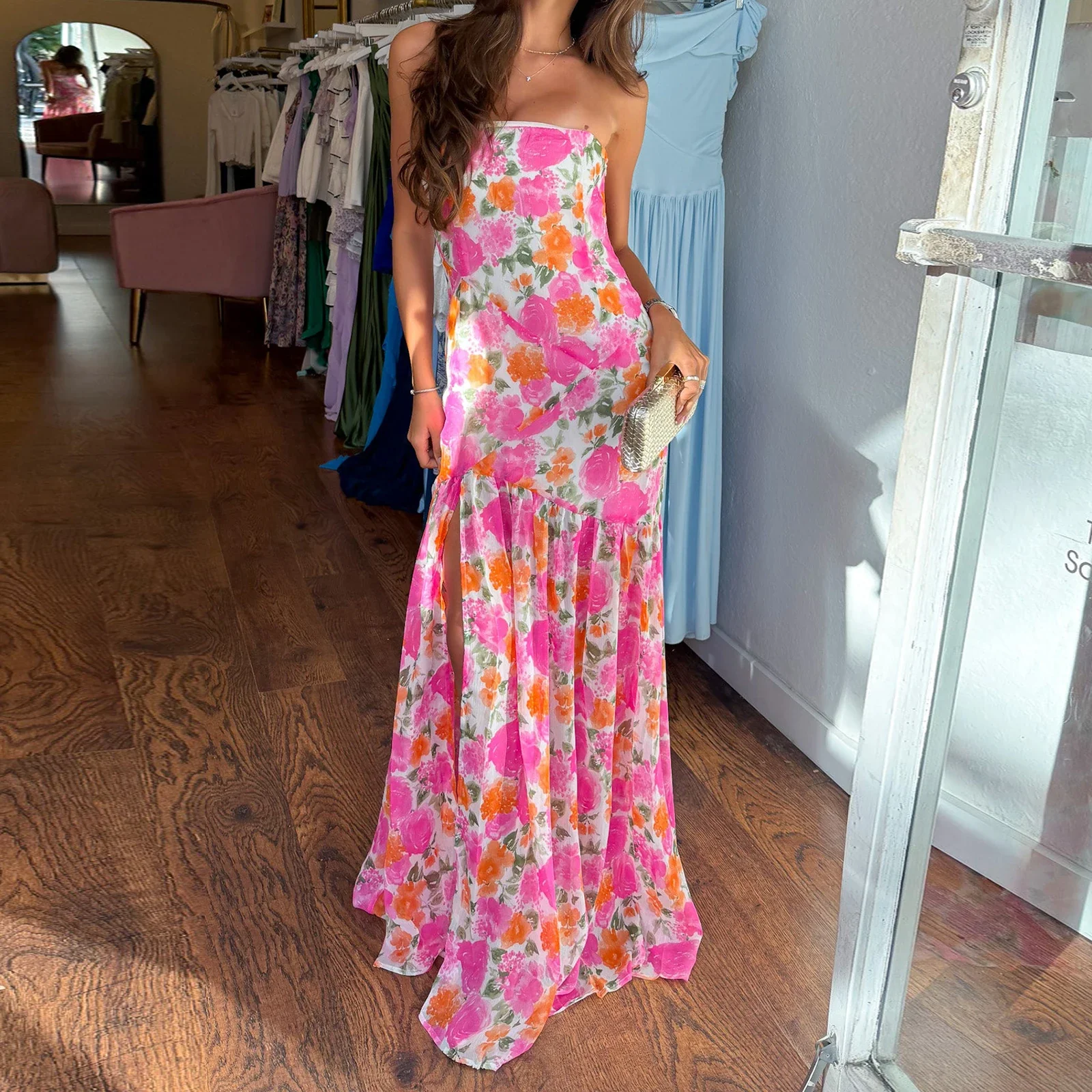 Ruffled Hem Floral Bandeau Vacation Dress - Image 3