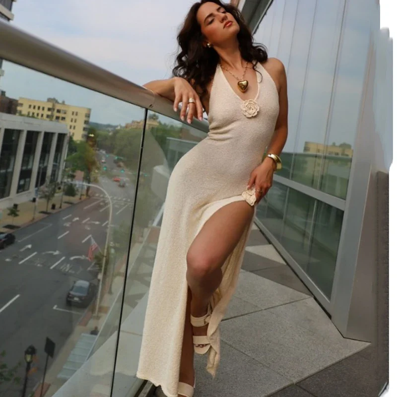 Ruffled Lace Up Knitted Maxi Dress - Image 4