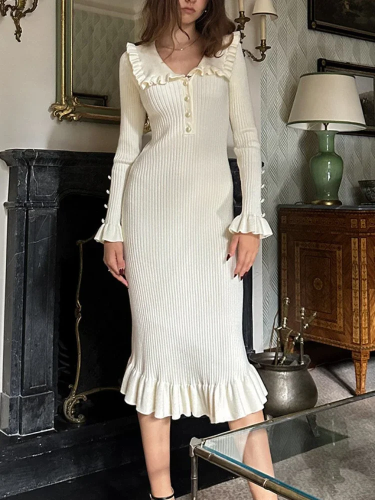Ruffled Slim Knitted Retro Maxi Dress