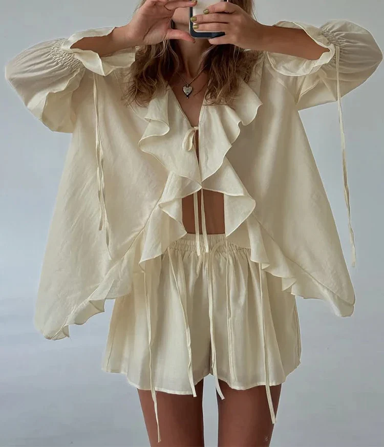 Ruffled Tie Top Shorts Two Piece Set - Image 2
