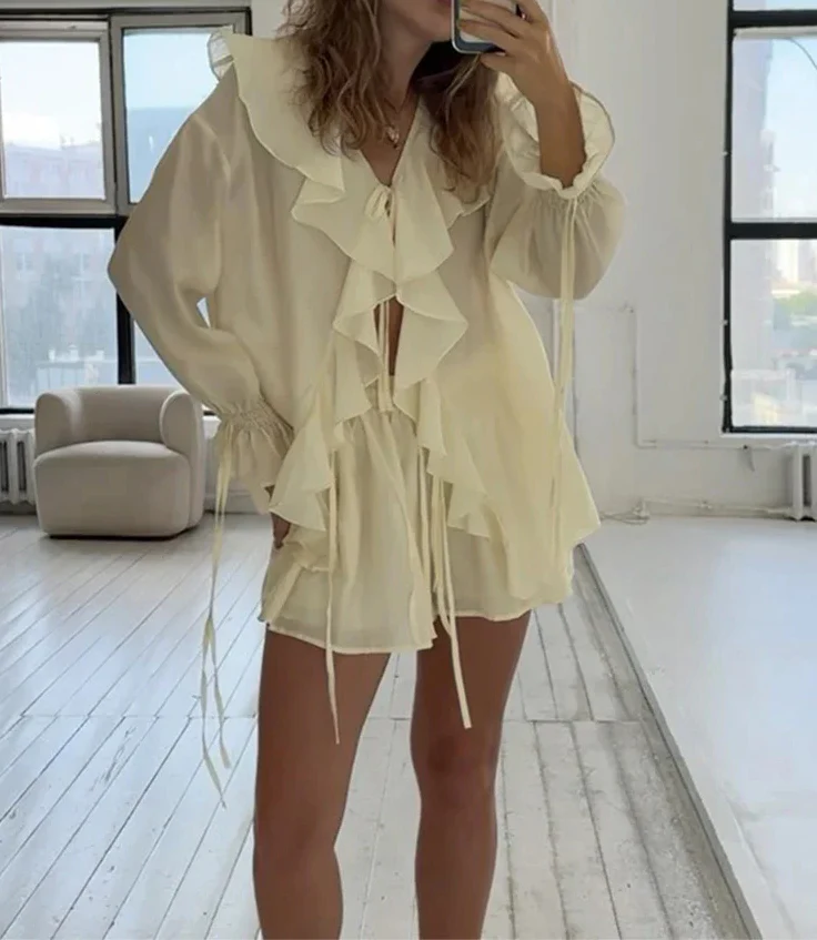 Ruffled Tie Top Shorts Two Piece Set - Image 4