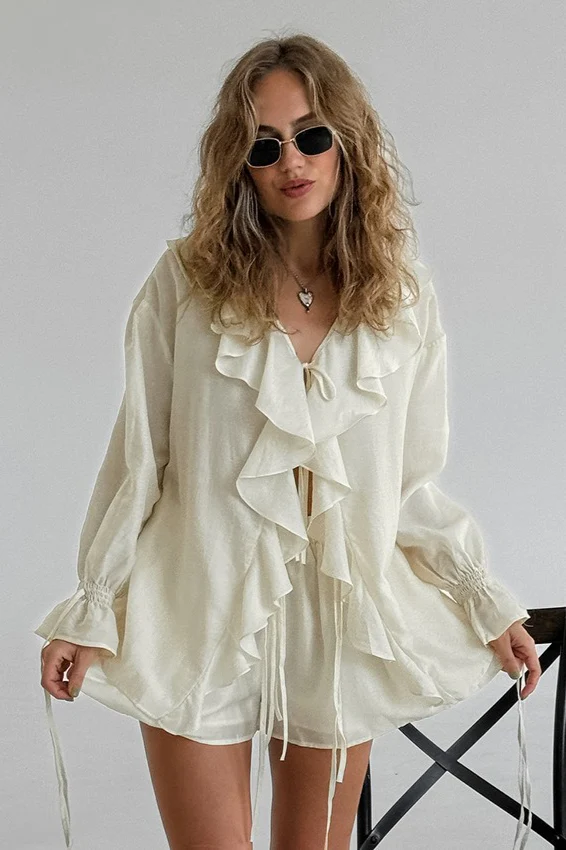 Ruffled V-Neck Loose Two-Piece Blouse - Image 3