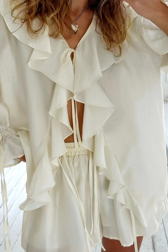 Ruffled V-Neck Loose Two-Piece Blouse - Image 5