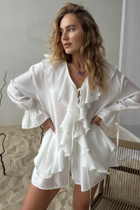 Ruffled V-Neck Loose Two-Piece Blouse - Image 6