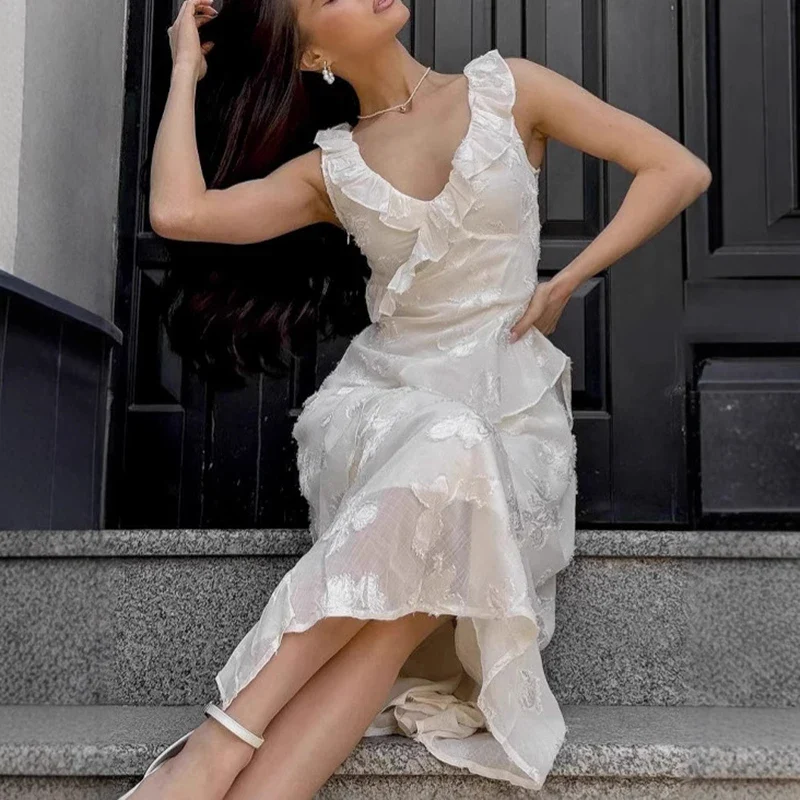 Ruffled V-Neck Mesh Splice Prom Dress - Image 2