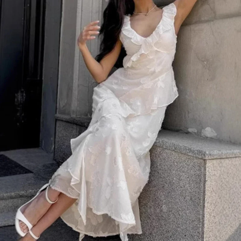 Ruffled V-Neck Mesh Splice Prom Dress - Image 3