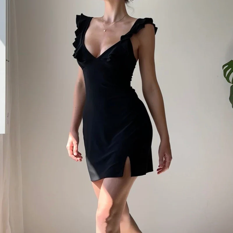 Ruffled V Neck Solid Color Bodycon Dress - Image 4