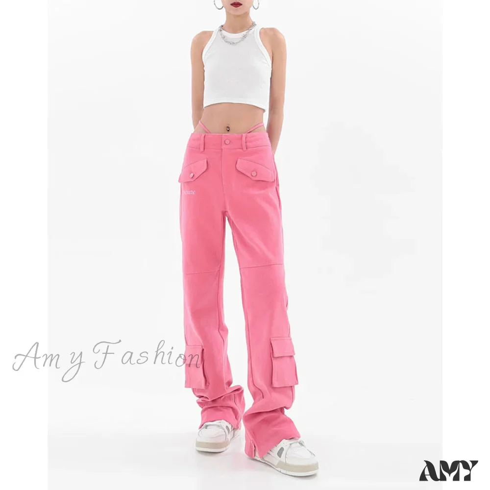 Amy Fashion - Pocket Straight Vintage Pink Cargo Jeans - Image 3