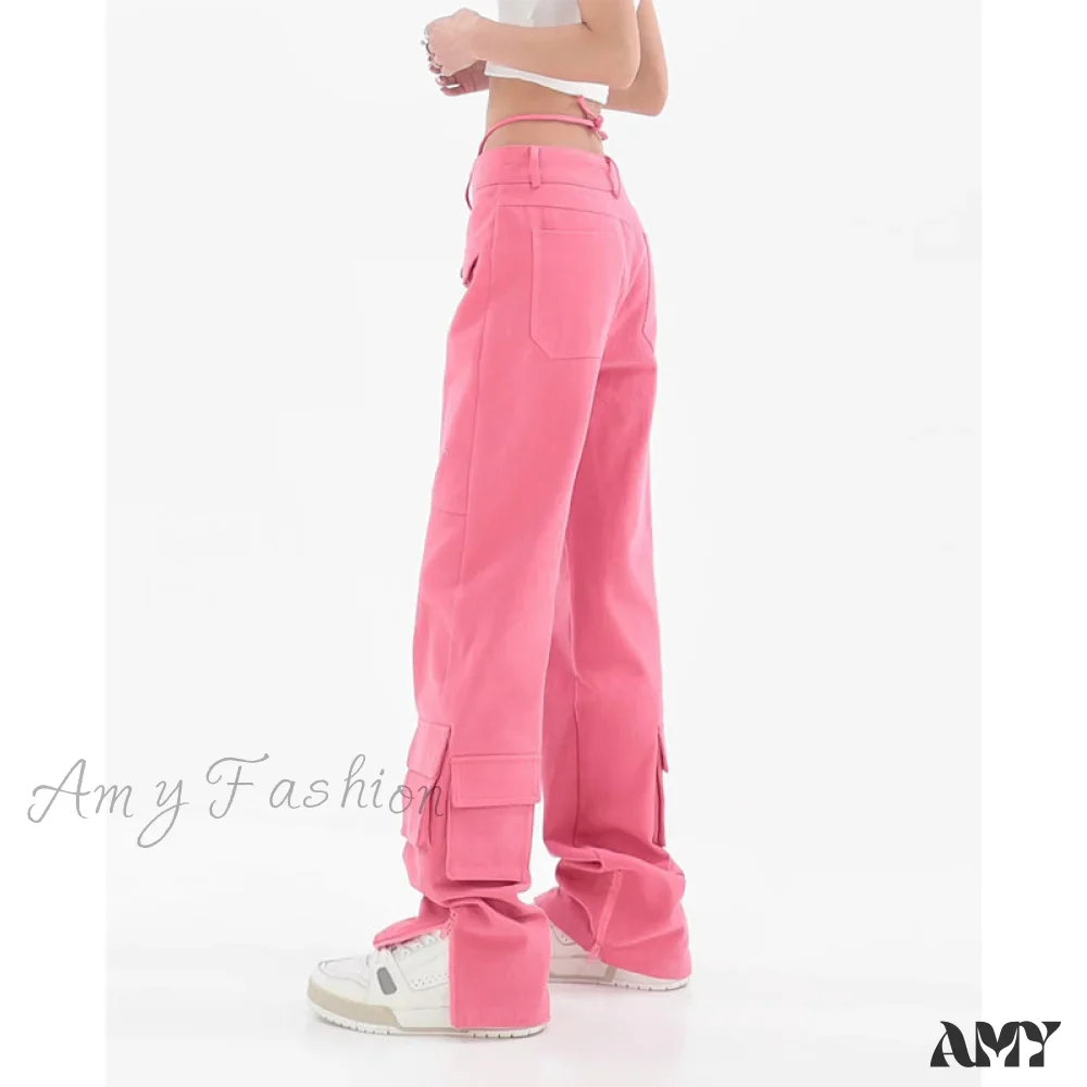 Amy Fashion - Pocket Straight Vintage Pink Cargo Jeans - Image 4