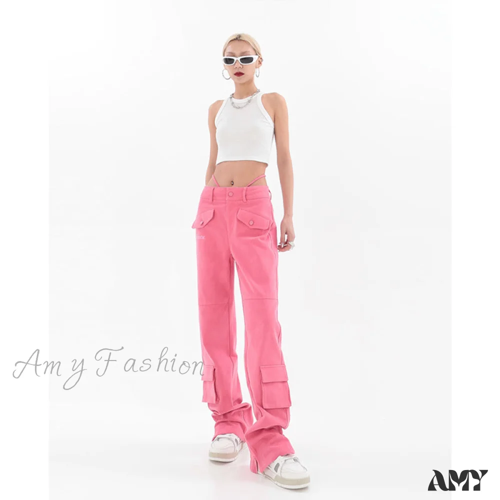 Amy Fashion - Pocket Straight Vintage Pink Cargo Jeans - Image 5