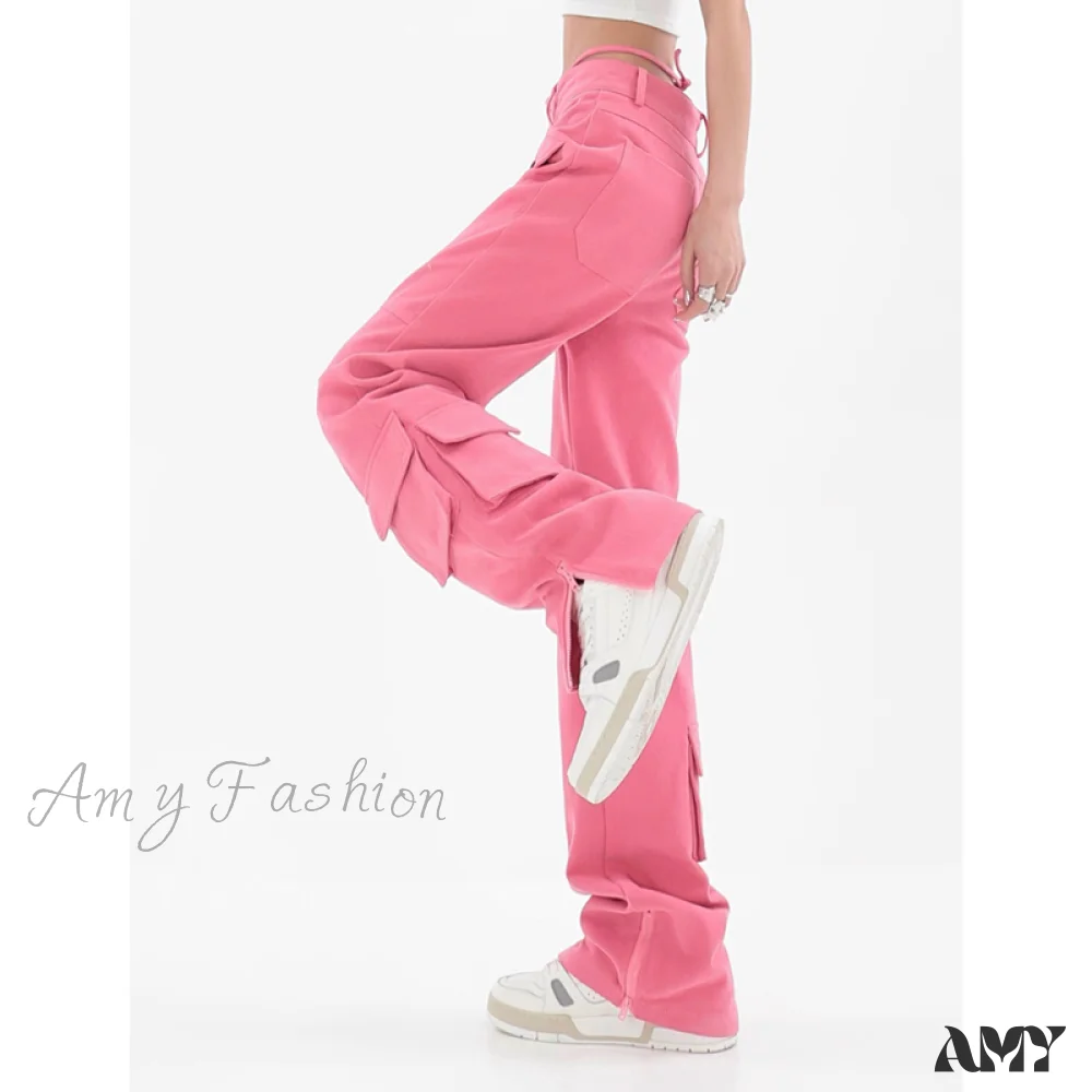 Amy Fashion - Pocket Straight Vintage Pink Cargo Jeans - Image 6