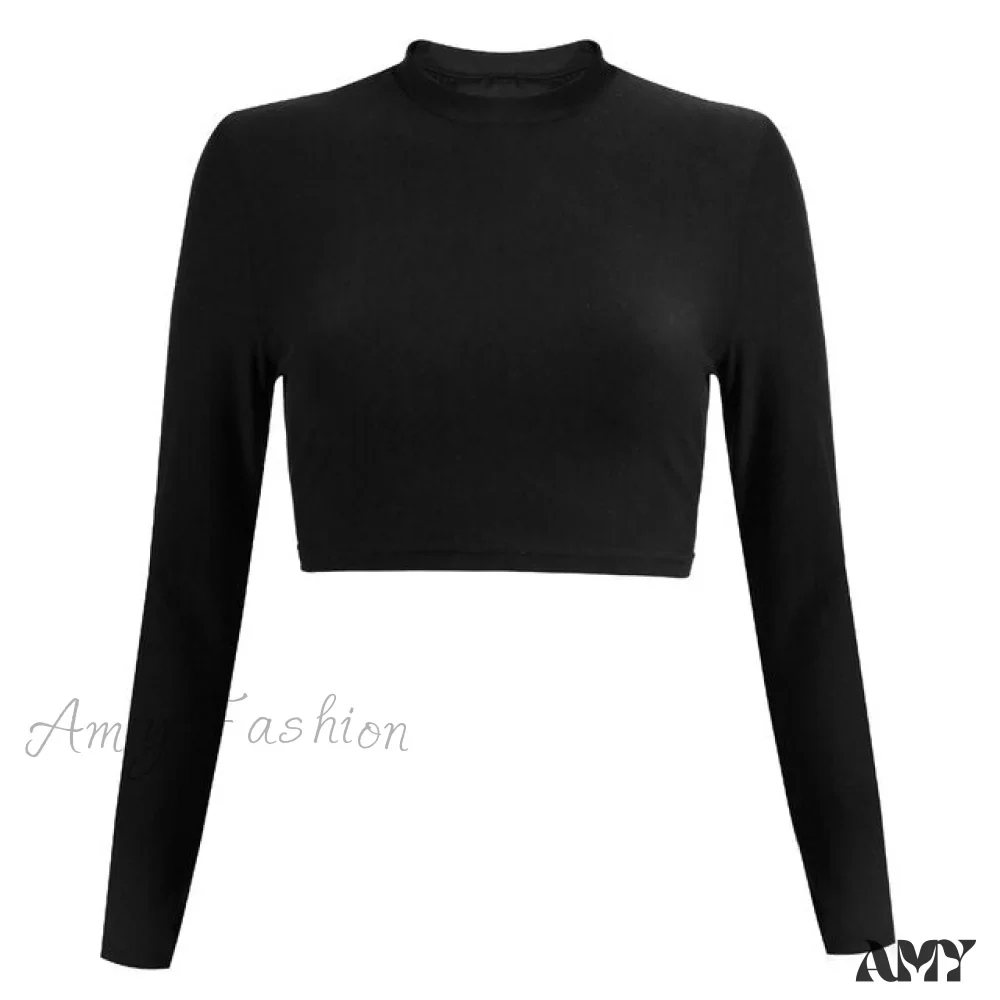 Amy Fashion - Slim Long Sleeve Cropped Navel Black T-Shirt - Image 2