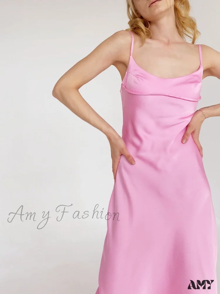 Amy Fashion - Satin Backless Spaghetti Strap A-Line High Waist Dress - Image 3