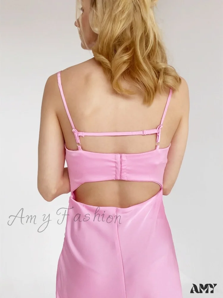 Amy Fashion - Satin Backless Spaghetti Strap A-Line High Waist Dress - Image 4