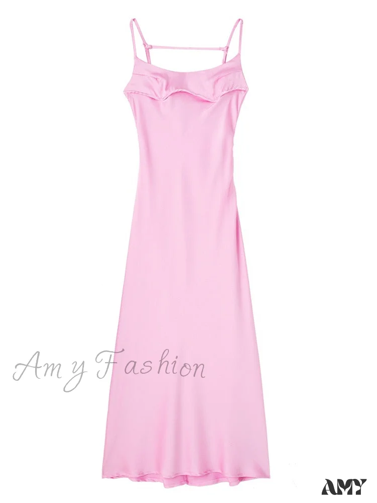 Amy Fashion - Satin Backless Spaghetti Strap A-Line High Waist Dress - Image 6