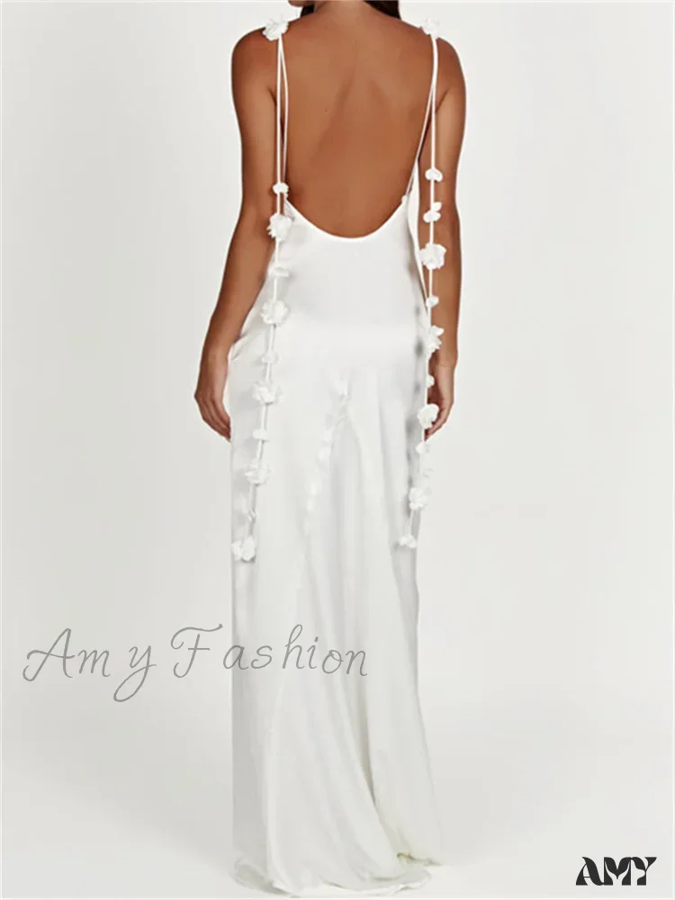 Amy Fashion - Satin Backless Spaghetti Strap  for Women Sexy Backless 3D Flower Tassels Party Cocktail Y2K Vestidos - Image 2