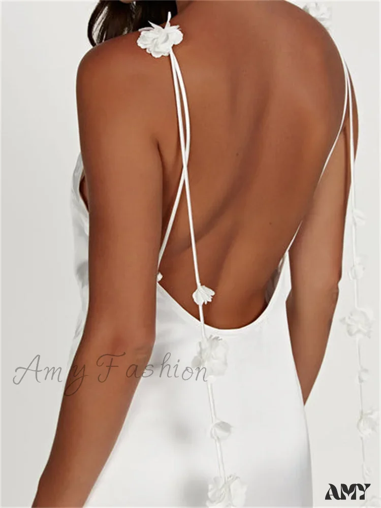 Amy Fashion - Satin Backless Spaghetti Strap  for Women Sexy Backless 3D Flower Tassels Party Cocktail Y2K Vestidos - Image 3