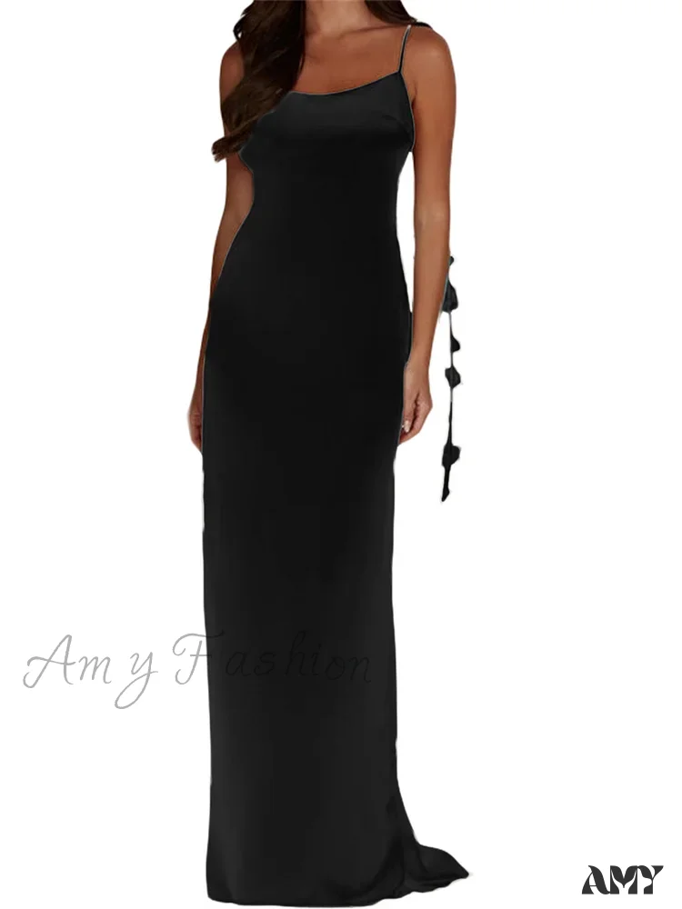 Amy Fashion - Satin Backless Spaghetti Strap  for Women Sexy Backless 3D Flower Tassels Party Cocktail Y2K Vestidos - Image 4