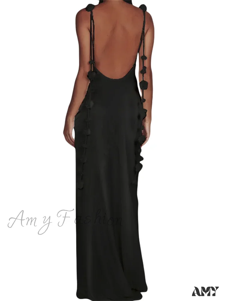 Amy Fashion - Satin Backless Spaghetti Strap  for Women Sexy Backless 3D Flower Tassels Party Cocktail Y2K Vestidos - Image 5