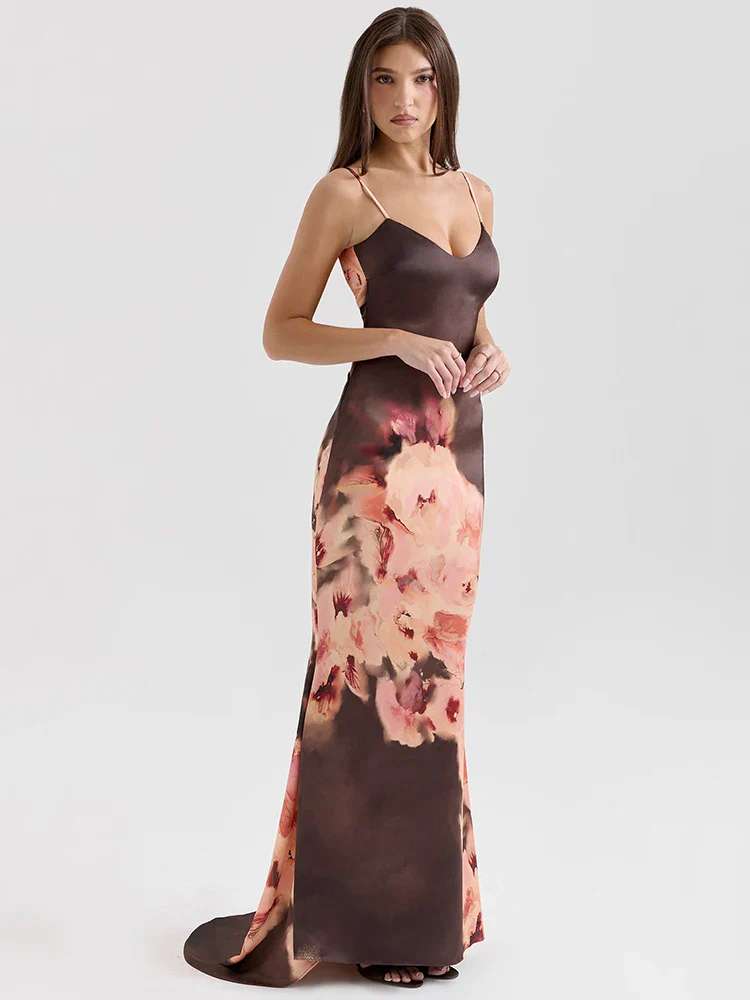 Satin Floral Spaghetti Maxi Dress - Image 2