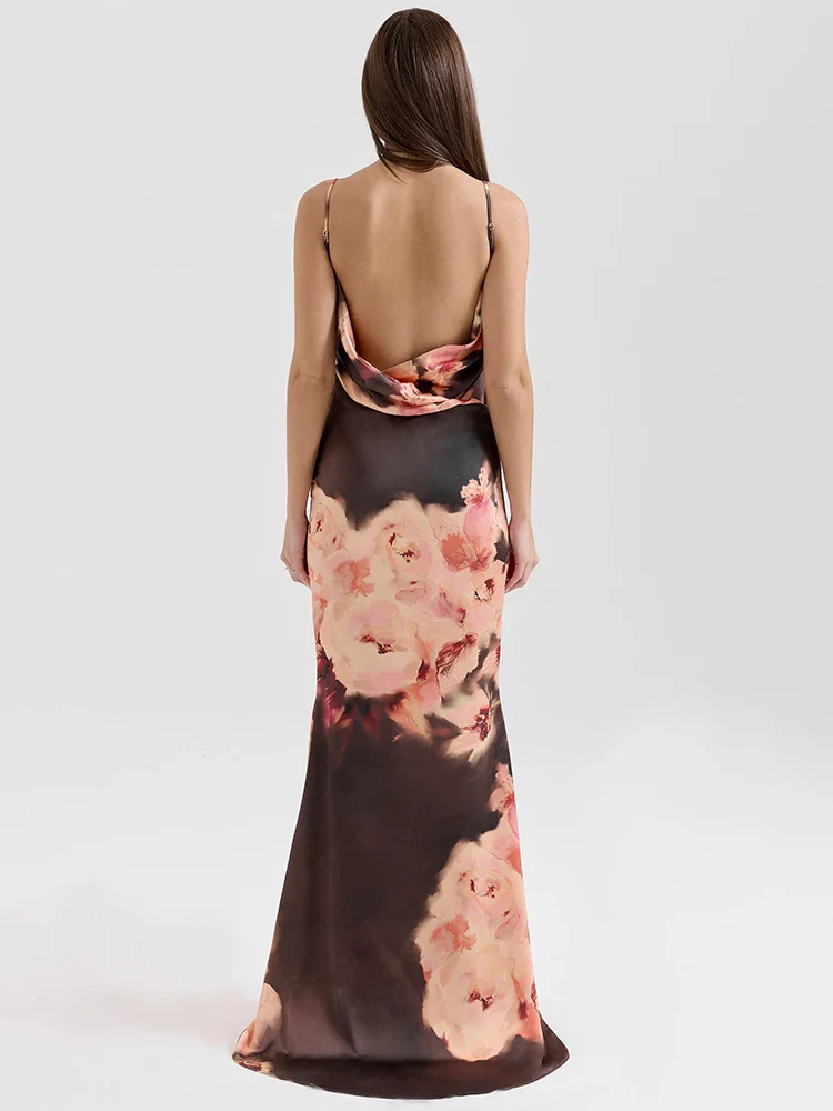 Satin Floral Spaghetti Maxi Dress - Image 3