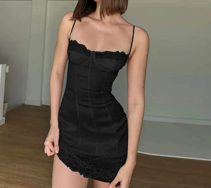 Satin Lace Spaghetti Strap Mini Dress - Image 3