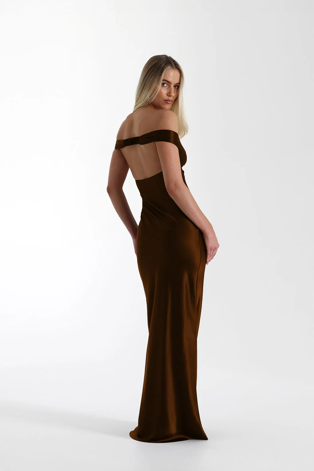 Satin Off-Shoulder Fishtail Maxi Party Dress - Image 10