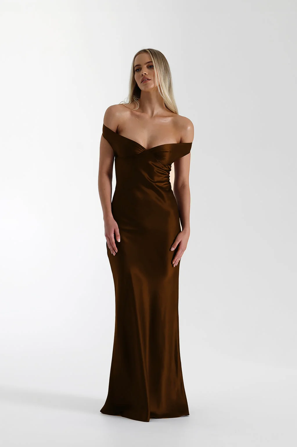 Satin Off-Shoulder Fishtail Maxi Party Dress - Image 9
