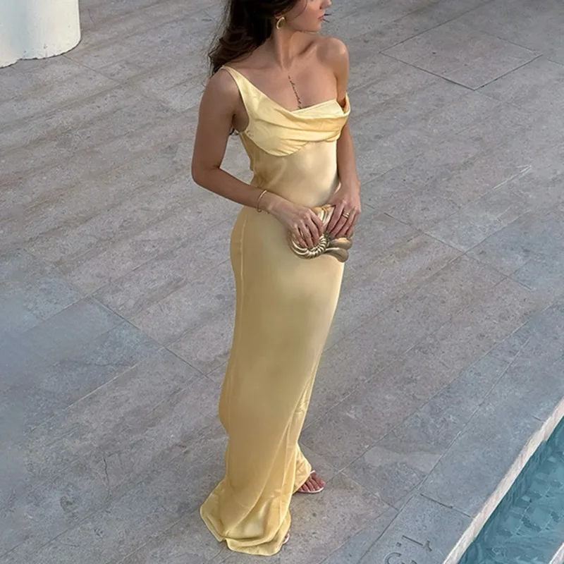 Satin One Shoulder Halter Maxi Dress - Image 2