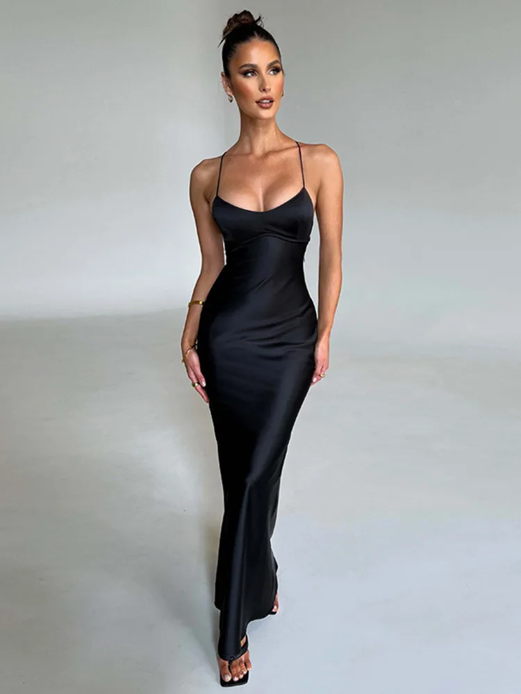 Satin Spaghetti Sleeveless Long Bodycon Dress - Image 2