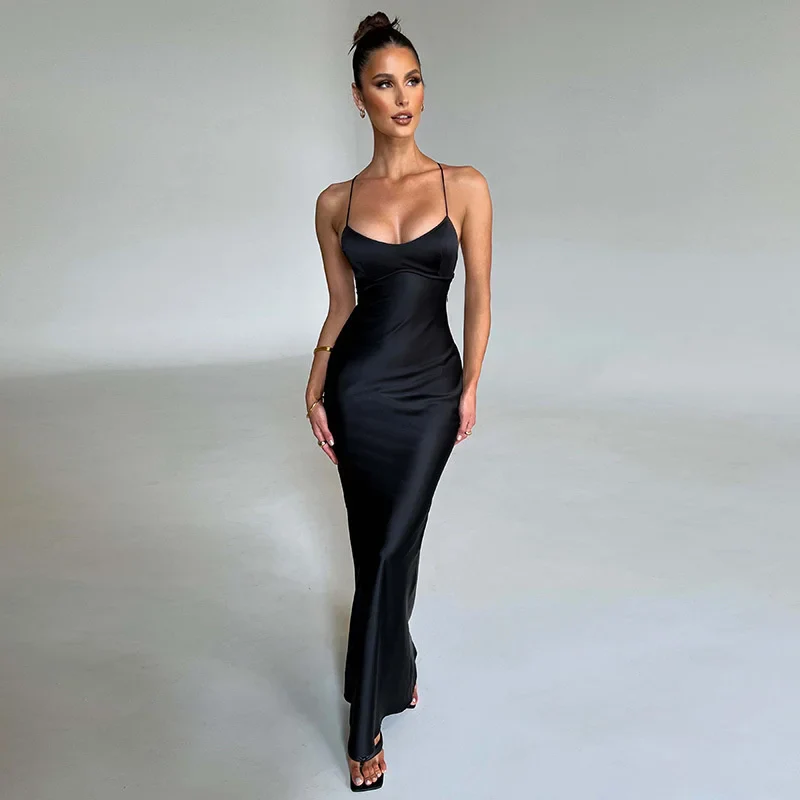 Satin Spaghetti Sleeveless Long Bodycon Dress - Image 3