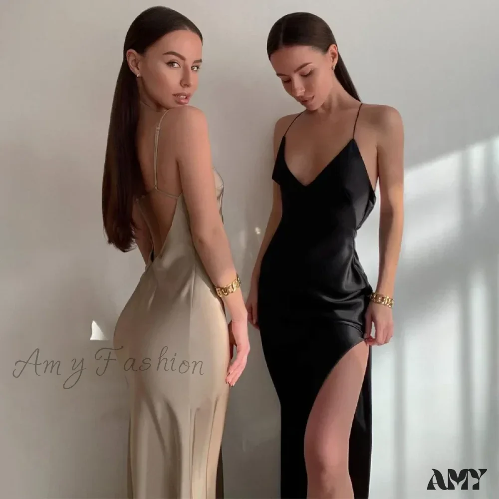Amy Fashion - Satin Spaghetti Strap Summer Split V-neck Elegant Sleeveless Backless Club Party Outfits Sexy