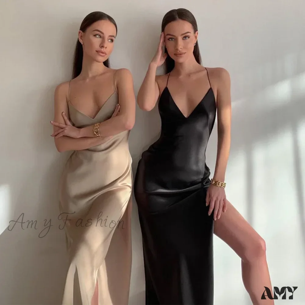 Amy Fashion - Satin Spaghetti Strap Summer Split V-neck Elegant Sleeveless Backless Club Party Outfits Sexy - Image 2