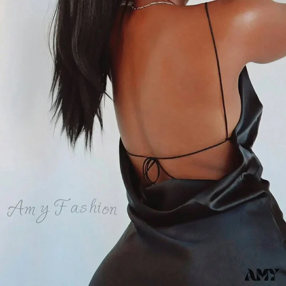 Amy Fashion - Satin Spaghetti Strap Summer Split V-neck Elegant Sleeveless Backless Club Party Outfits Sexy - Image 4