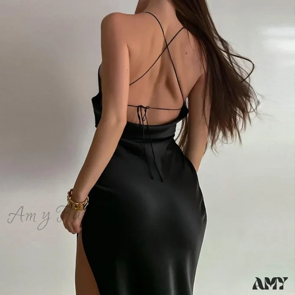 Amy Fashion - Satin Spaghetti Strap Summer Split V-neck Elegant Sleeveless Backless Club Party Outfits Sexy - Image 5