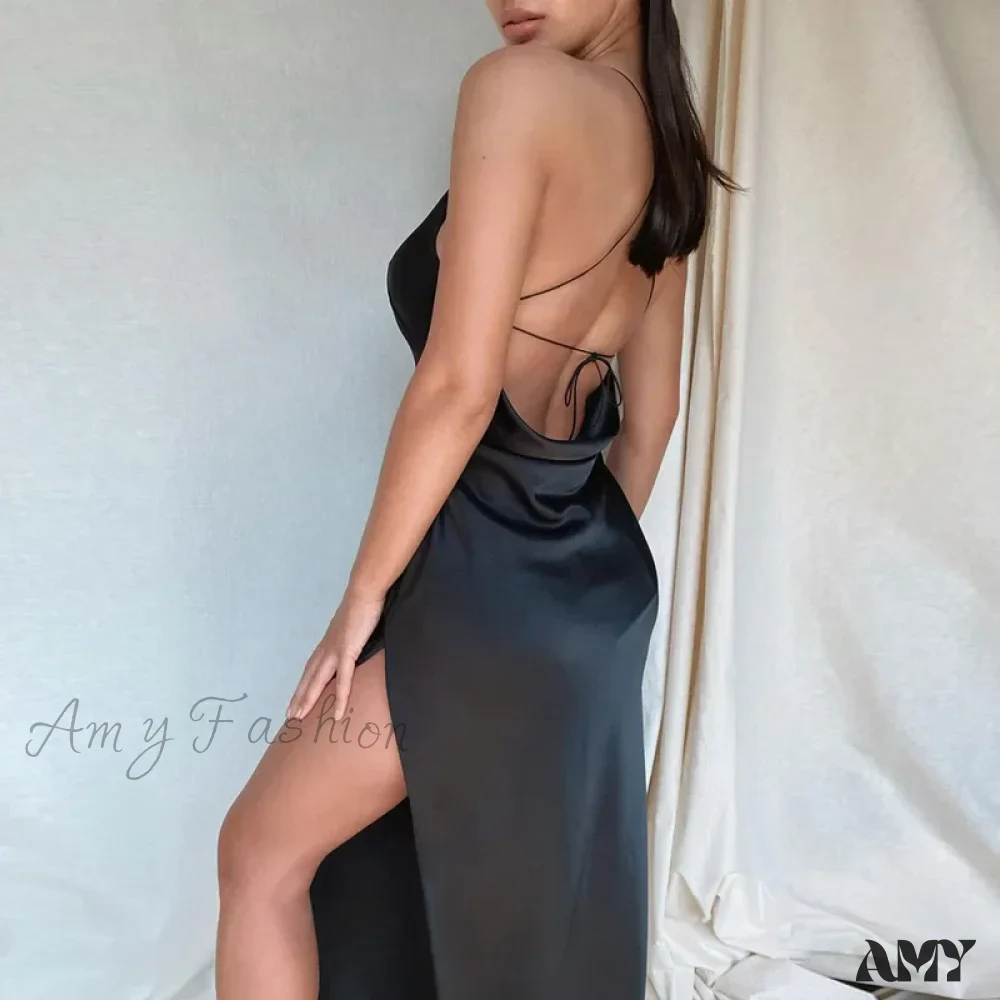 Amy Fashion - Satin Spaghetti Strap Summer Split V-neck Elegant Sleeveless Backless Club Party Outfits Sexy - Image 7
