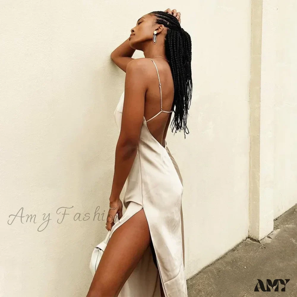 Amy Fashion - Satin Spaghetti Strap Summer Split V-neck Elegant Sleeveless Backless Club Party Outfits Sexy - Image 8