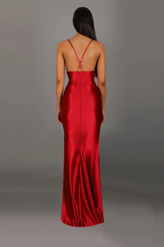 Satin V-Neck Ruched Slit Party Dress - Image 7