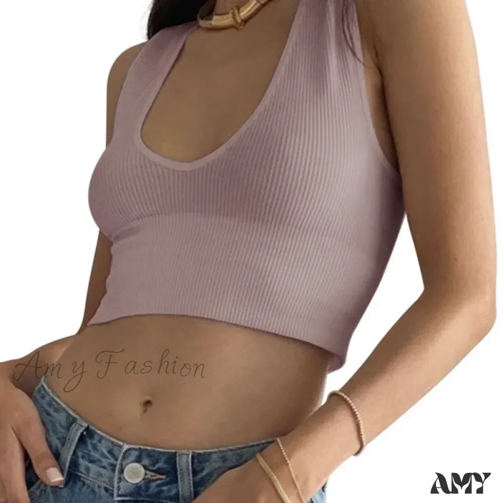 Seamless Rib Plunge Scoop Neck U Back Sports Bra Crop Top - Image 10