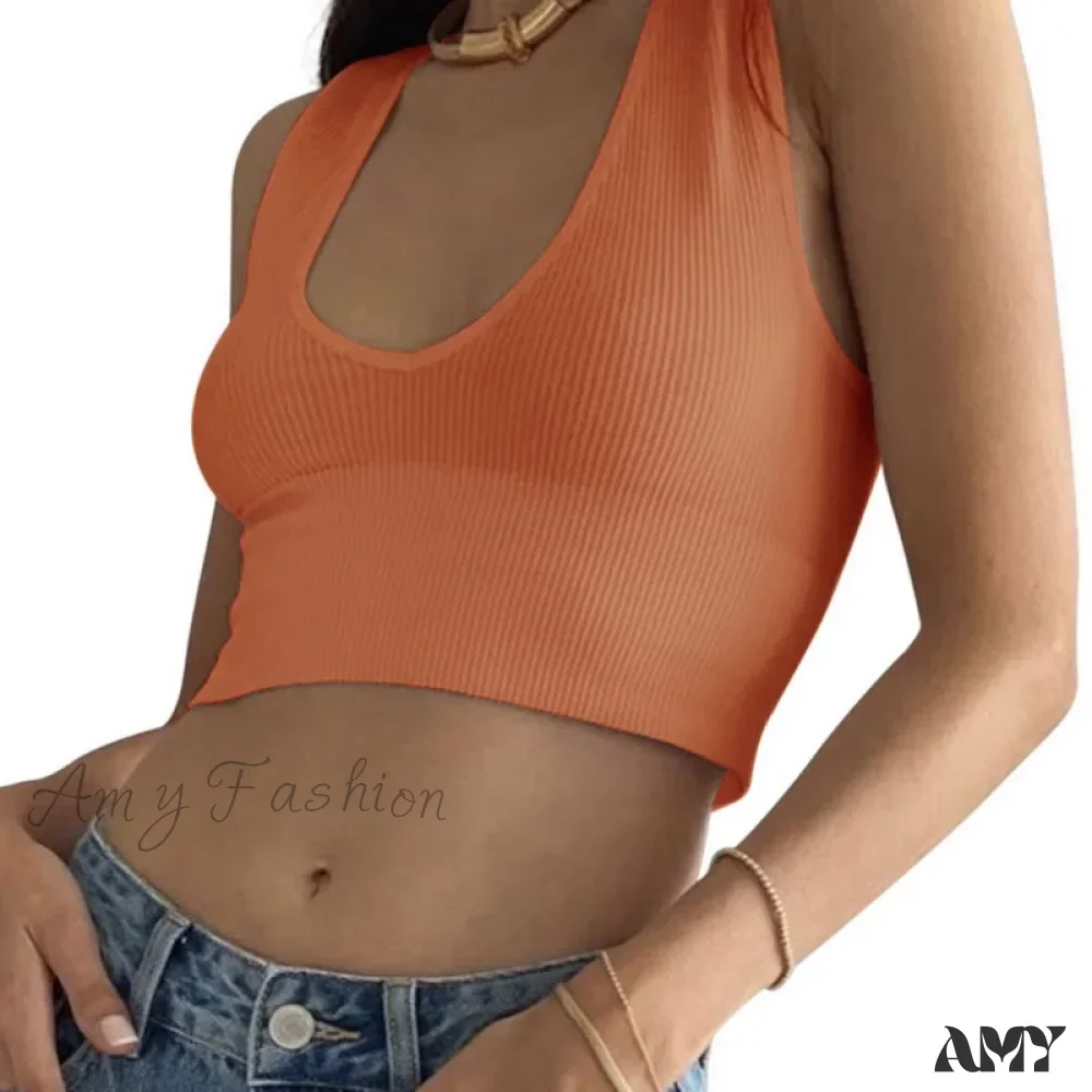 Seamless Rib Plunge Scoop Neck U Back Sports Bra Crop Top - Image 11