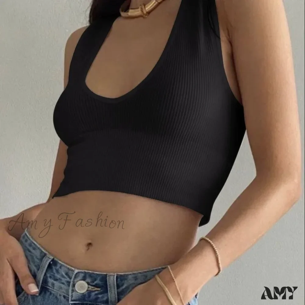 Seamless Rib Plunge Scoop Neck U Back Sports Bra Crop Top - Image 2