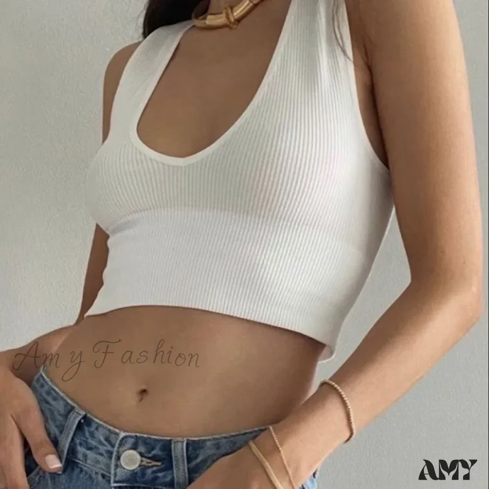 Seamless Rib Plunge Scoop Neck U Back Sports Bra Crop Top - Image 4