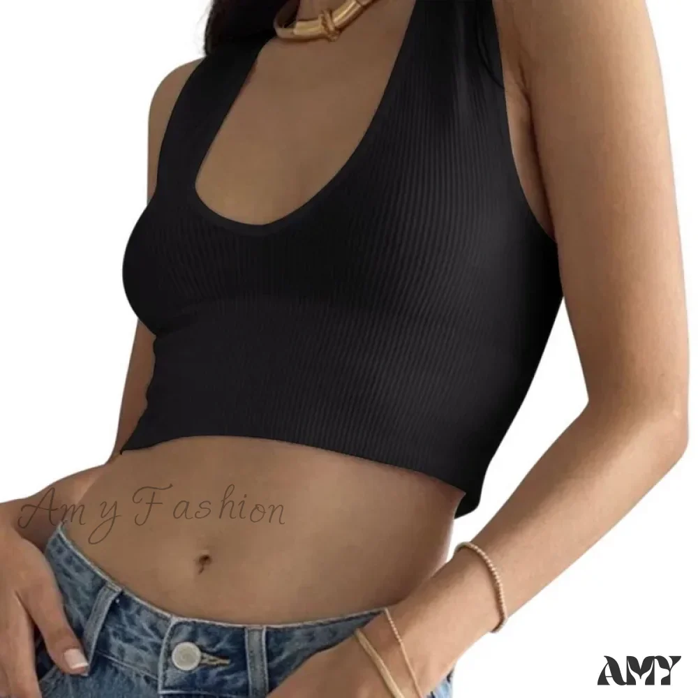 Seamless Rib Plunge Scoop Neck U Back Sports Bra Crop Top - Image 5